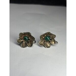 Vintage Sterling Silver Large Flower Screw Back Twist On Earrings Green Gem